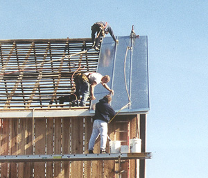Traditional standing seamed metal roofing.