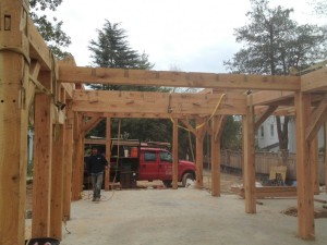 There's our double beam, keyed together, to equal 20" of solid oak.  It has to carry a major portion of the roof load at the center of its span.